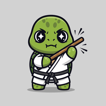 Cute Turtle Karate Master Holding Bo Staff in Gi