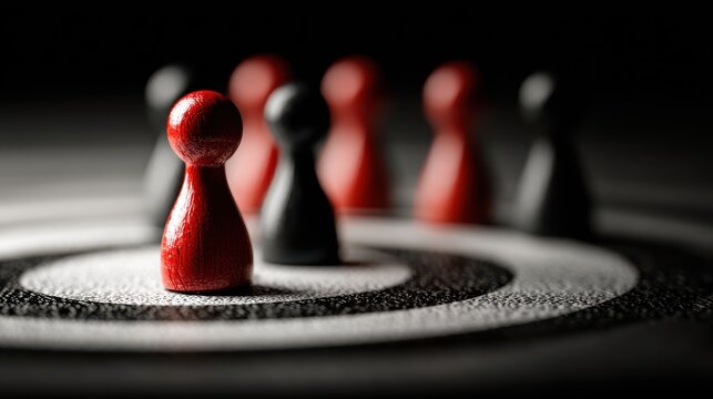 A red pawn stands out among black ones. Symbolizing leadership and strategy.