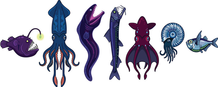 Deep Sea Ocean Bioluminescent Monsters Vector Set Featuring Anglerfish Giant Squid Viperfish Gulper Eel Vampire Squid and Nautilus