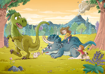 Scene of children playing with giant dinosaurs, fun illustration © cirodelia