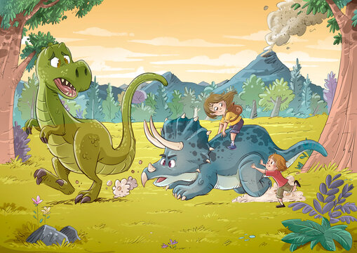 Scene of children playing with giant dinosaurs, fun illustration