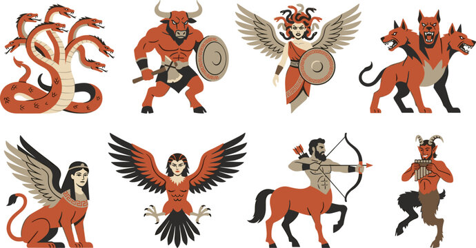 Greek Mythology Monsters and Mythical Creatures Vector Icon Set Including Hydra Minotaur Medusa Cerberus Sphinx Harpy Centaur and Satyr
