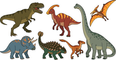Prehistoric Dinosaurs and Extinct Reptiles Vector Illustration Set Featuring Tyrannosaurus Rex Triceratops Brachiosaurus Pteranodon Parasaurolophus Ankylosaurus and Velociraptor © Sahina