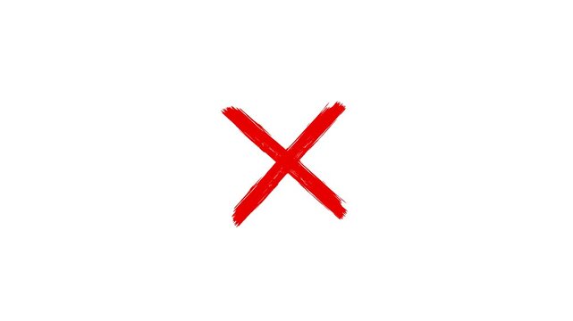 Red hand drawn cross mark white background, animated brush stroke wrong X sign loop