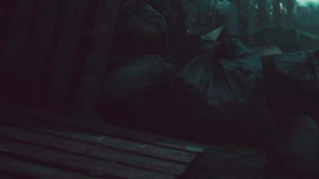 Several garbage bags piled up in a dimly lit space. Wooden crates are present, and the surroundings appear neglected and messy.