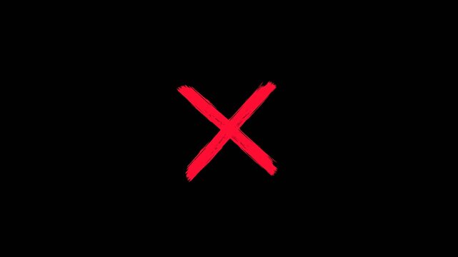 Red sketch cross mark black background, animated dry brush error X sign loop