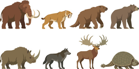 Obraz premium Prehistoric Ice Age Megafauna Animals Vector Illustration Set Featuring Mammoth Smilodon Sloth Bear Rhinoceros Wolf Irish Elk Glyptodon