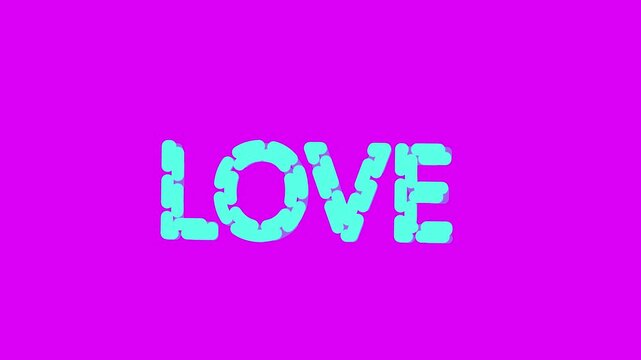 Animated word love appearing with bubble font style on vibrant purple background.