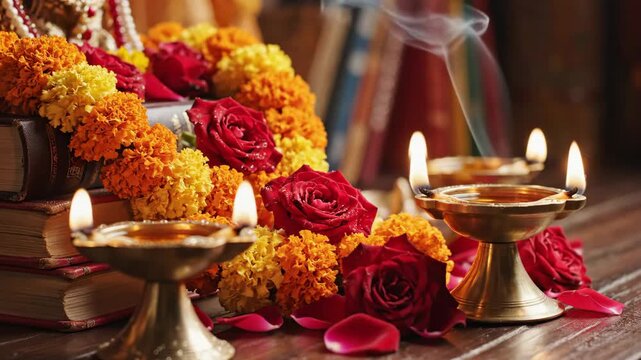 Lit brass lamps arranged with flowers and books.