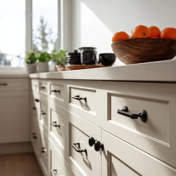 Fresh oranges in a wooden bowl on a modern kitchen counter. Ideal for healthy eating themes.