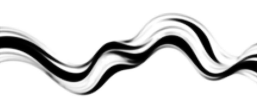 An abstract halftone wave woven from black dots of varying sizes on white background. Monochrome fluid curves create a dynamic sense of motion dotted line. Halftone pattern, minimalist. Vector
