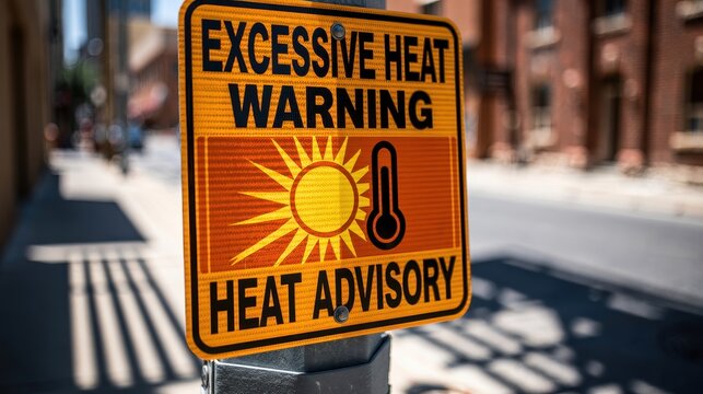 Excessive heat warning sign on a city street. Climate change and safety concept.
