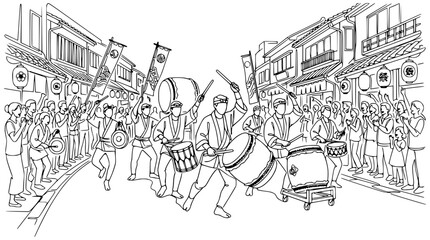 Obraz premium Japanese Festival Parade: Drummers and Crowd in Traditional Street