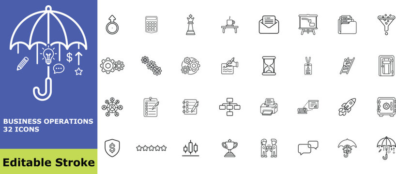 Business operations and management icon set, 32 vector outline pictograms of professional workflow, strategy, leadership, and corporate productivity symbols
