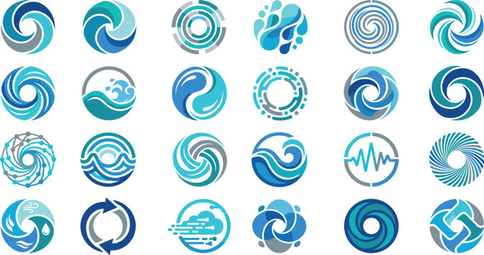 Abstract Water Wave Logo Collection Vector Set with Circular Swirl Blue Fluid Design Icons