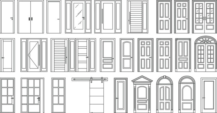 Architectural Door Collection Vector Set with Modern Classic Sliding Double and Entry Door Designs