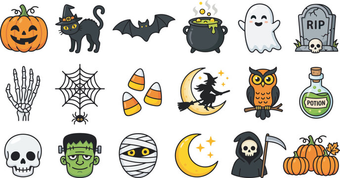 Charming halloween icon set spooky elements for festive designs and seasonal celebrations