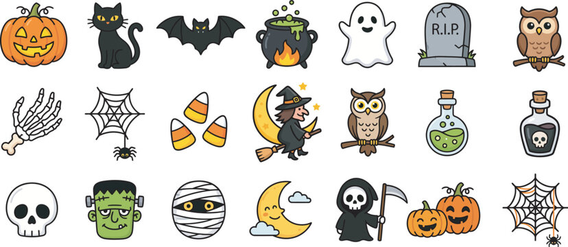Charming halloween icon set spooky illustrations for festive designs and seasonal celebrations