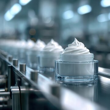 Luxury cosmetic cream jar on a sterile production line. Industrial beauty manufacturing concept.