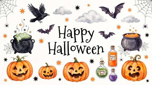 Watercolor halloween illustration with pumpkins cauldron bats and raven for festive decorations and party supplies