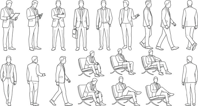 Businessman Character Turnaround Sheet Vector with Front Side Back Standing Walking and Sitting Poses