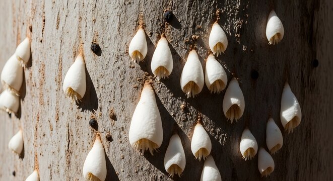 White fungus growing on tree bark. Macro shot of parasitic mushrooms on a wooden trunk.