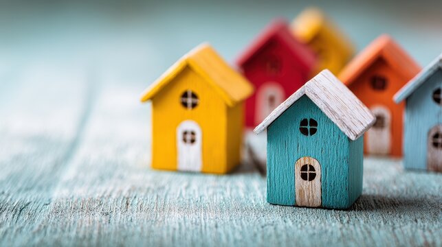 Small colorful wooden house models on a table. Real estate and property market concept.