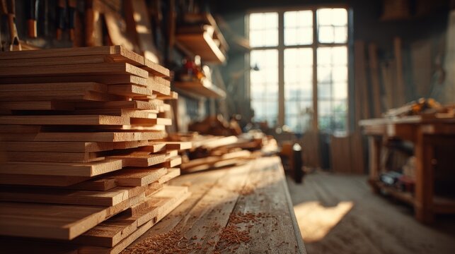 Stack of fresh cut lumber on a workshop bench. Represents woodworking and construction projects.