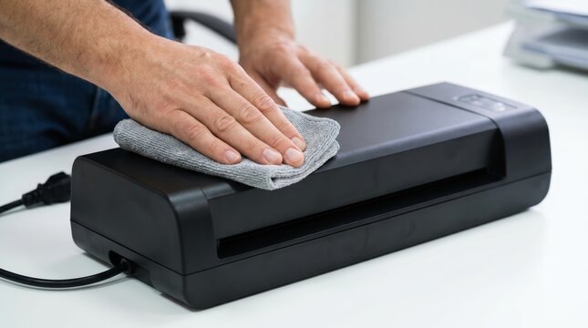 Hands wiping black laminator machine with grey microfiber cloth on white office desk