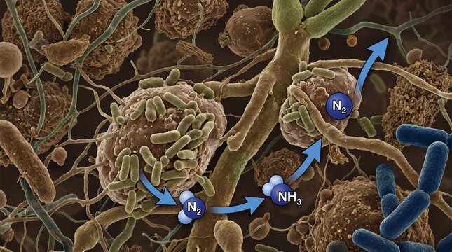 Microscopic view of nitrogen cycle and soil bacteria interacting with plant roots