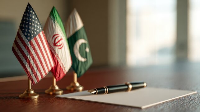 US, Iran and Pakistan flags with a pen. Concept for diplomatic agreements.