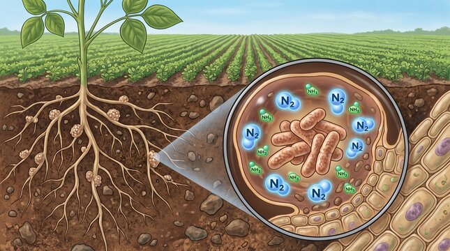 Biological Nitrogen Fixation in Legume Root Nodules Illustration