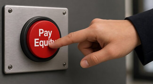 Finger pressing red pay equity button on metal panel for fair wages.