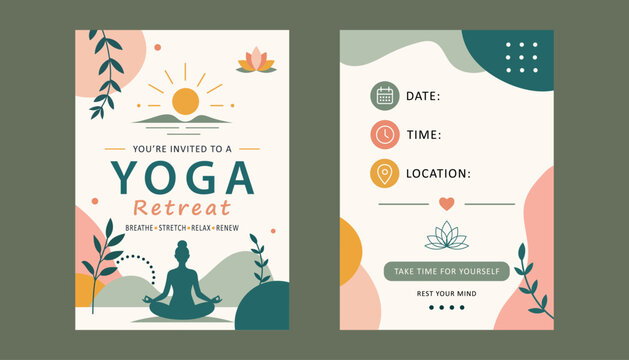 Modern flat yoga retreat invitation flyer template with front and back design. Minimal wellness poster