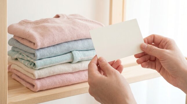 Hands holding blank white card in front of stack of folded pastel sweaters on wooden shelf