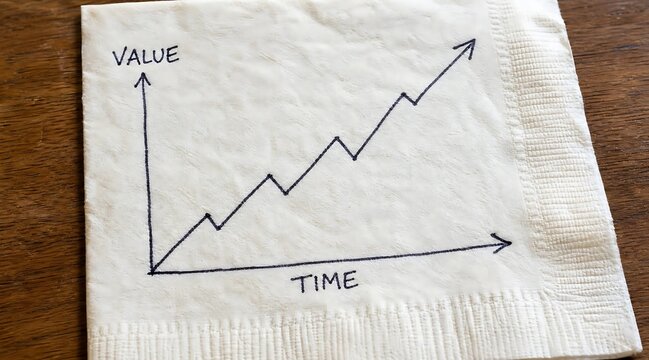 Hand-drawn graph on a napkin shows increasing value over time, depicting growth.