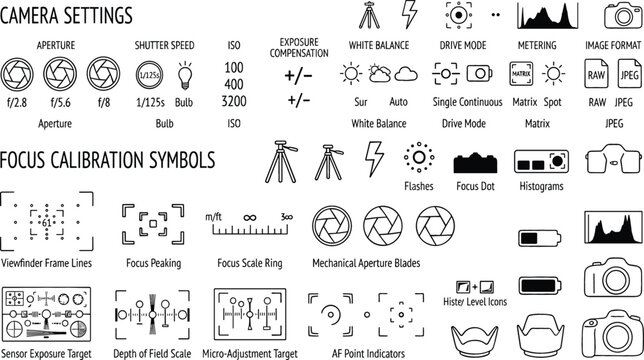 Digital Camera Settings and Lens Focus Calibration Symbols Icon Set Vector Featuring Aperture Blades Shutter Speed Viewfinder Frame Lines and Exposure Measurement Targets