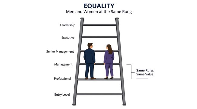 Man and woman standing on the same ladder rung for workplace equality