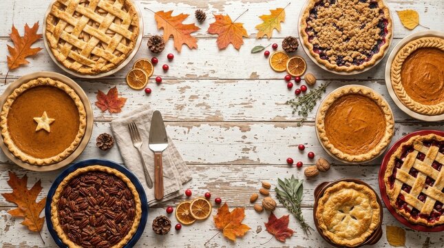 Assorted delicious pies on rustic white wooden table, thanksgiving dessert spread