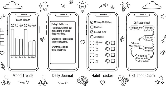 Hand Drawn Mental Wellness App Interface Set with Mood Trends, Daily Journal, Habit Tracker, and CBT Loop Check Screens