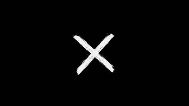 White chalk hand drawn X mark black background, animated rough sketch cross sign loop