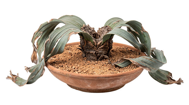 Welwitschia mirabilis desert plant in terracotta pot, rare ancient succulent with long leathery leaves, exotic botanical specimen isolated on white background