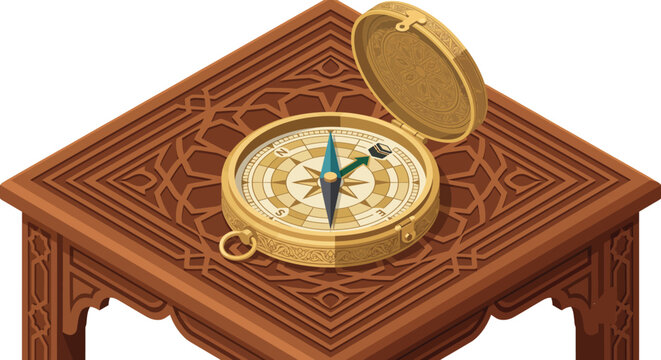 1 (4)_1.epsIsometric vector illustration of a golden Qibla compass pointing towards the Kaaba, resting on an intricately carved wooden table with geometric patterns. Religious Islamic navigation tool 