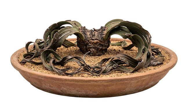 Welwitschia mirabilis desert plant in terracotta pot, rare succulent with long curled leaves, exotic botanical specimen isolated on white background