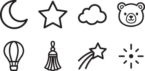 Whimsical dreamy icons set with moon, star, cloud, bear, hot air balloon, lamp, shooting star, and sun © tarik