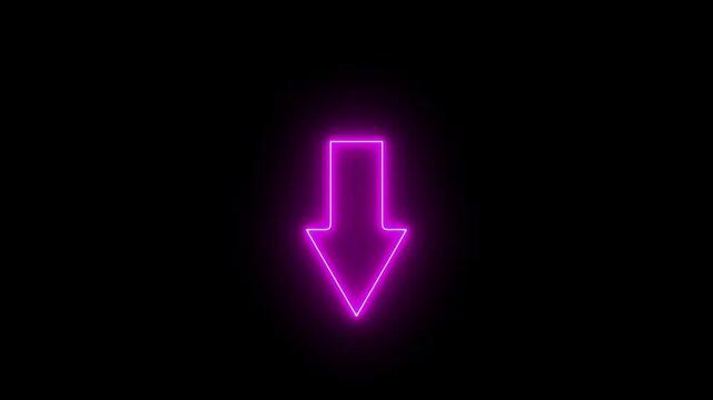 Glowing neon Animated arrow pointing downward on black background. Abstract glowing down arrow icon animation, 4k motion