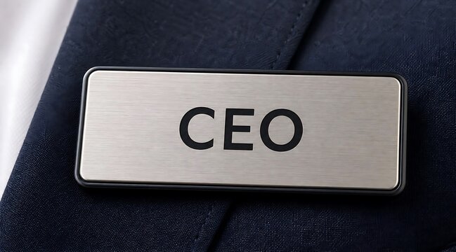 Silver CEO name tag on dark blue executive business suit jacket.