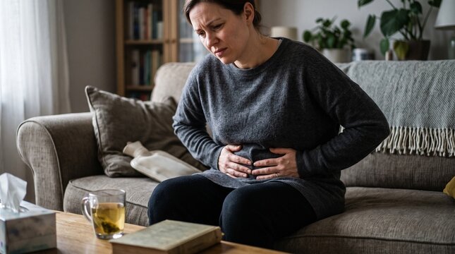 Woman Suffering from Abdominal Pain at Home