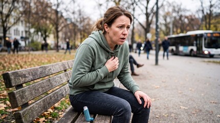 Fototapeta premium Stressed Woman Having an Asthma Attack Outdoors with Inhaler on Bench