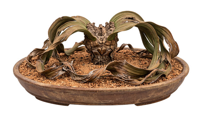 Welwitschia mirabilis desert plant in ceramic pot, ancient exotic succulent with long twisted leaves, rare botanical specimen on white background